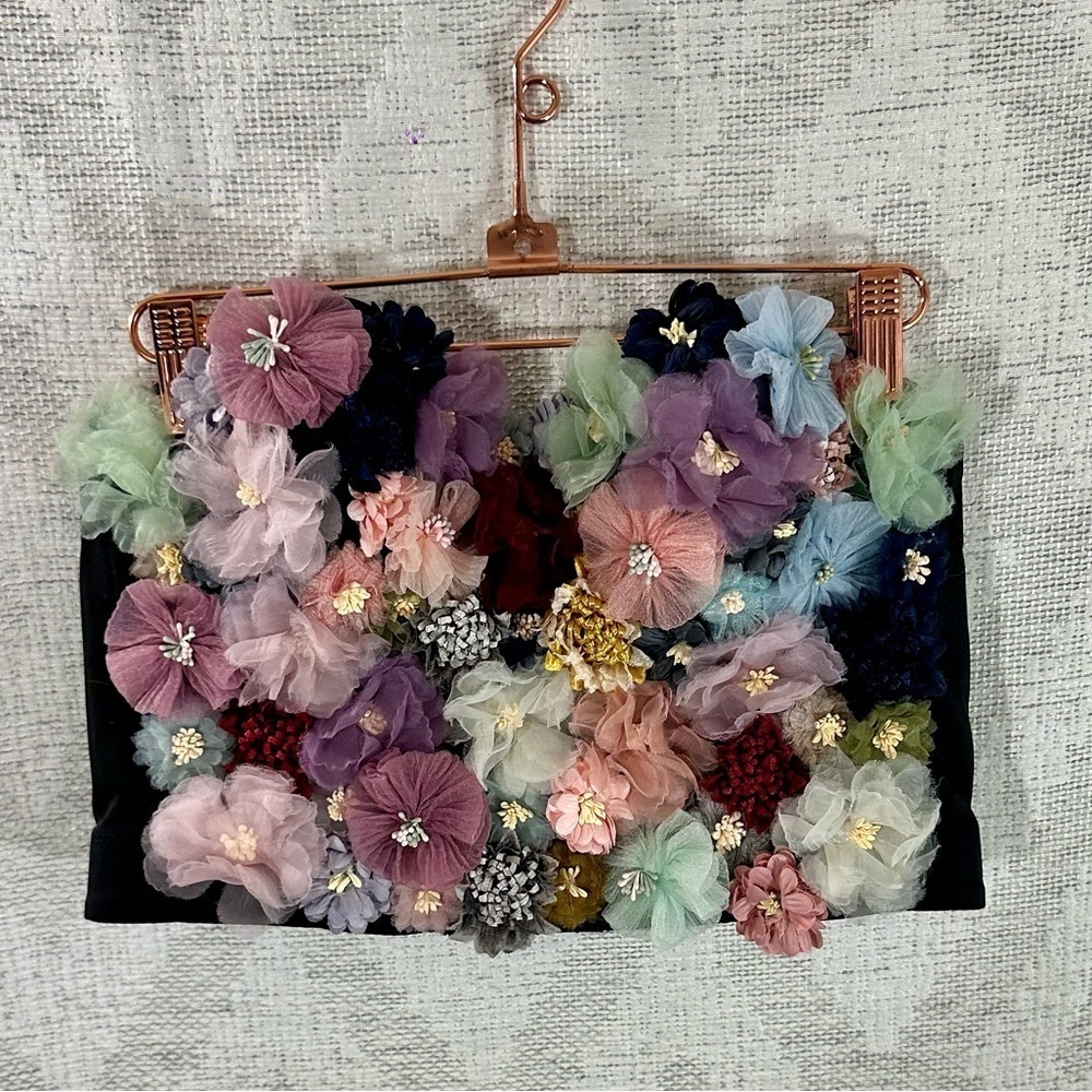 Floral Embellished Black Crop Top with Multicolor 3D Flowers